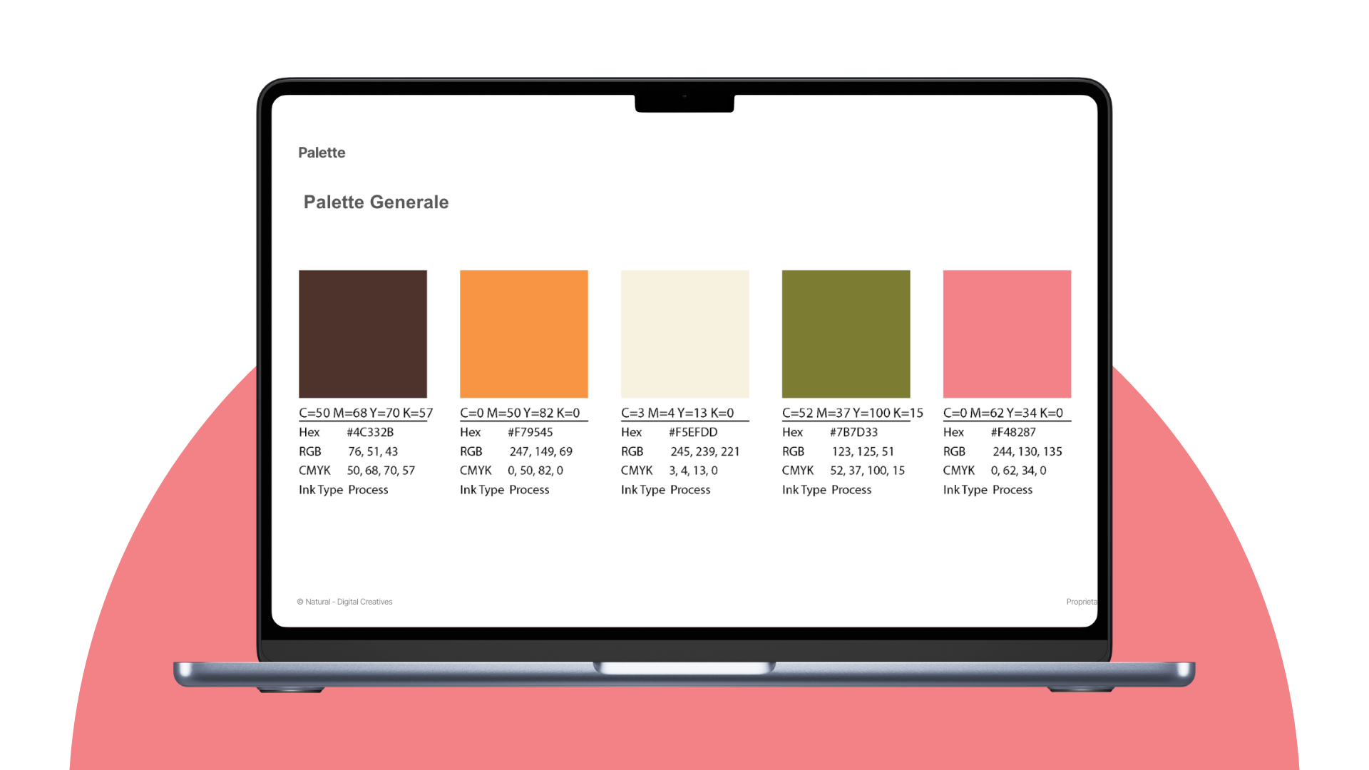 Mock-up di una macbook con la palette di Natural Digital creatives per simboleggiare il servizio di rebranding della palette colori